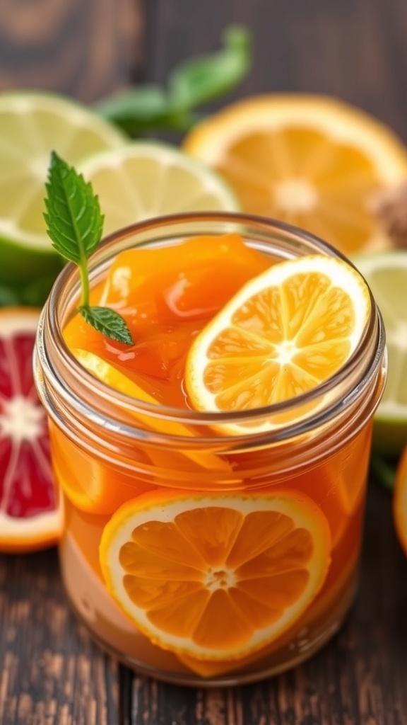 A jar of Citrus Medley Jam with slices of lemon and orange on top, surrounded by fresh citrus fruits.