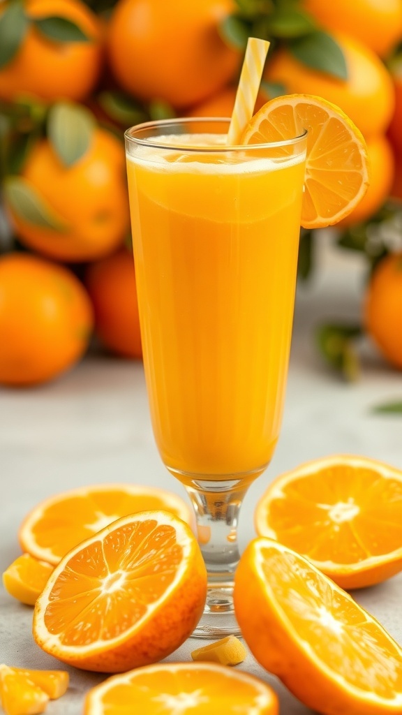 A vibrant Citrus Sunrise Smoothie in a glass with a slice of lemon, surrounded by fresh oranges.