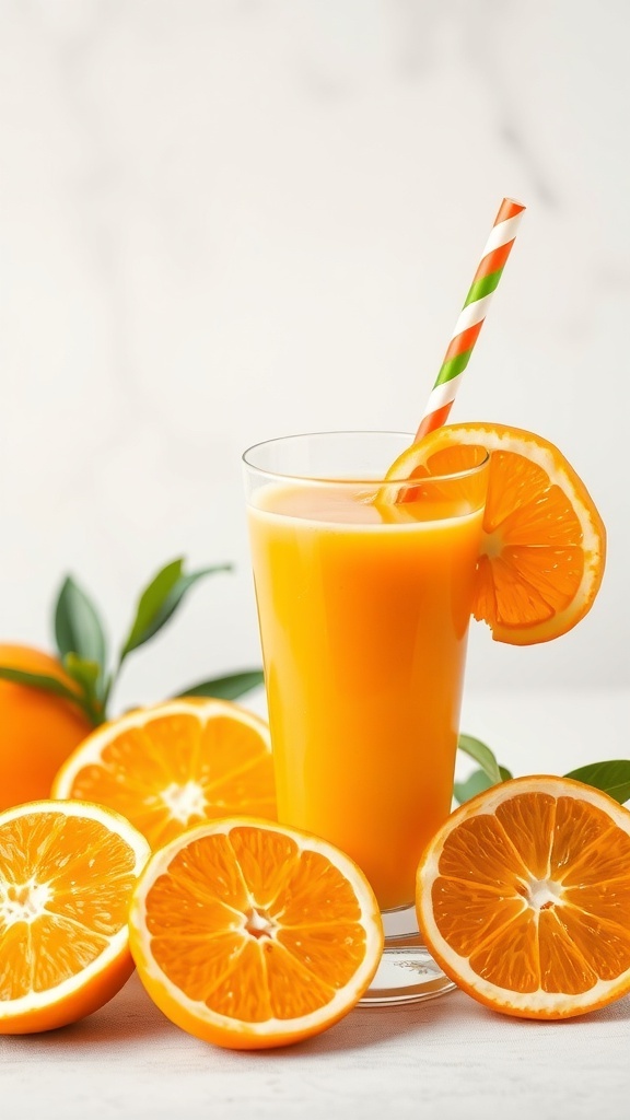 A glass of Citrus Sunrise Smoothie with orange slices and a straw.