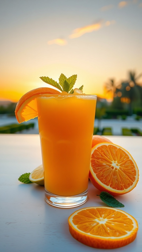 A refreshing Citrus Sunrise Smoothie in a glass with orange slices and mint, set against a sunset backdrop.
