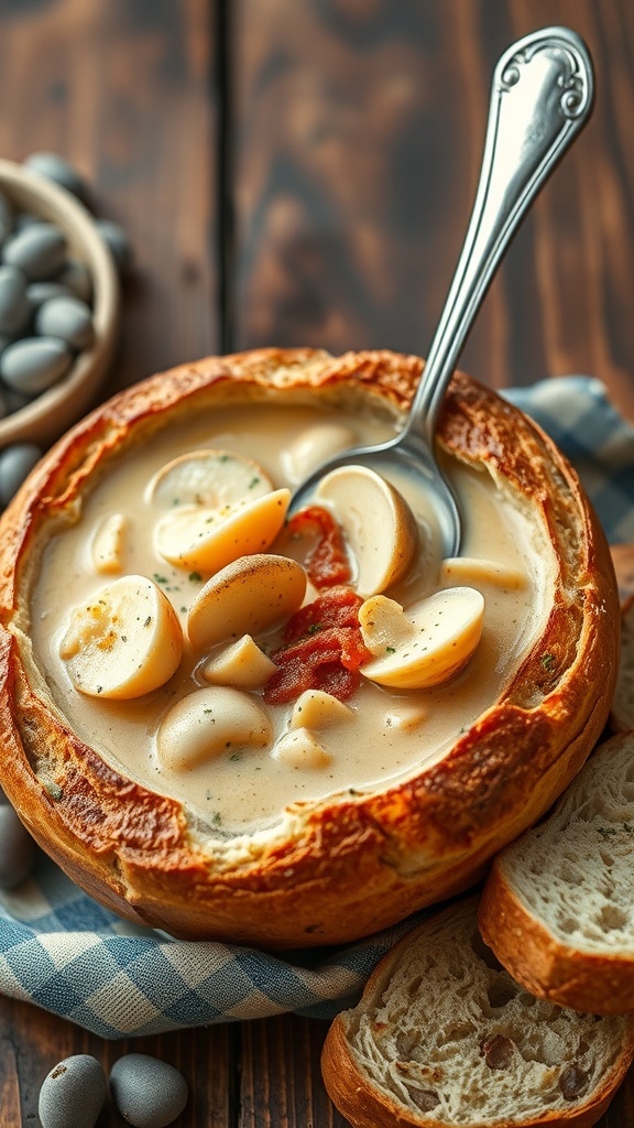 A delicious clam chowder served in a bread bowl with a spoon resting beside it.