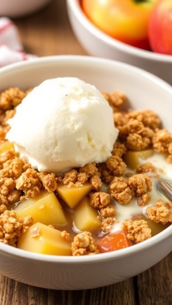 A bowl of classic apple crisp with oat topping and a scoop of vanilla ice cream.