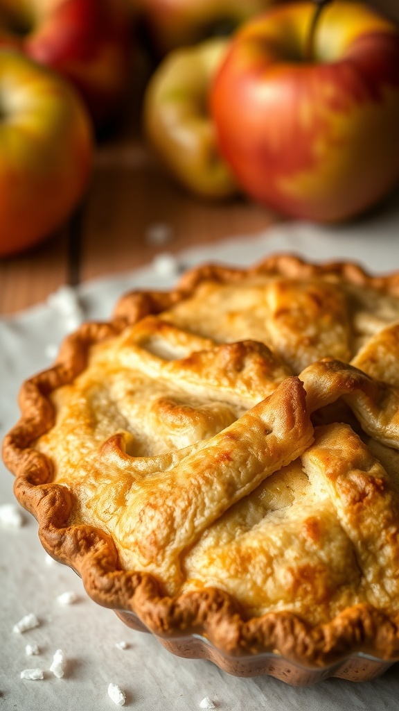 A freshly baked apple pie with a flaky crust, surrounded by fresh apples.