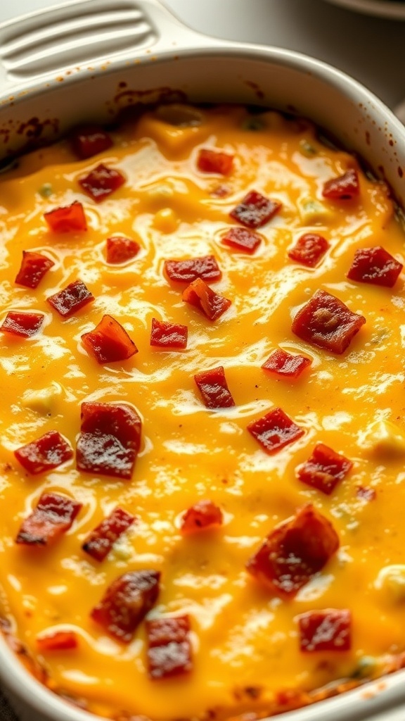 A delicious bacon and cheddar breakfast casserole topped with crispy bacon bits and melted cheese.