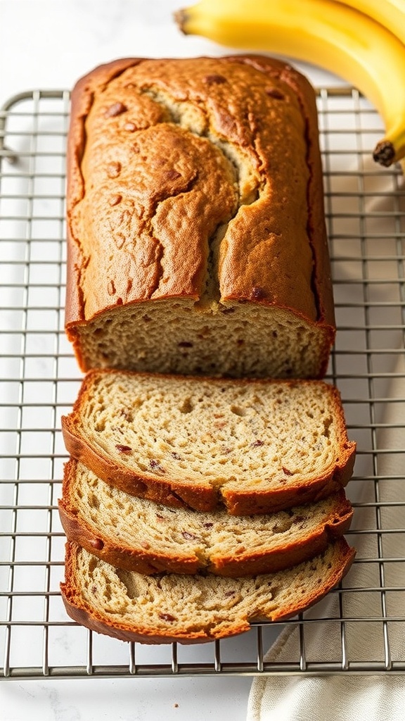 A freshly baked loaf of banana bread on a cooling rack, with several slices cut and ripe bananas in the background.