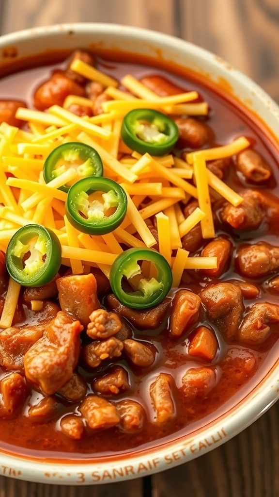 A bowl of classic beef chili topped with jalapeños and cheese, surrounded by crackers.