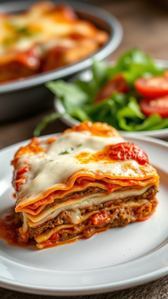 A slice of classic beef lasagna with ricotta on a white plate, served with a side salad.