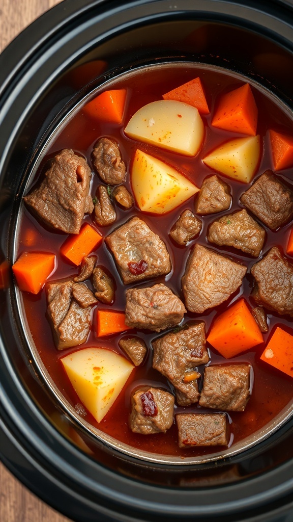 A hearty beef stew with chunks of meat, potatoes, and carrots in a crock pot.