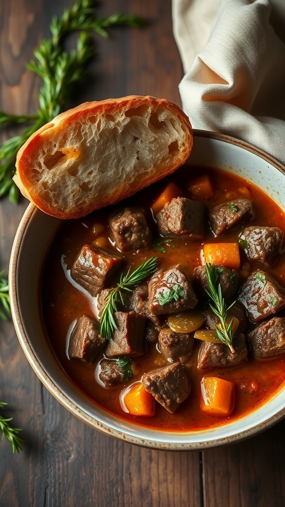 A bowl of classic beef stew with tender beef, carrots, and potatoes, served with a slice of bread.