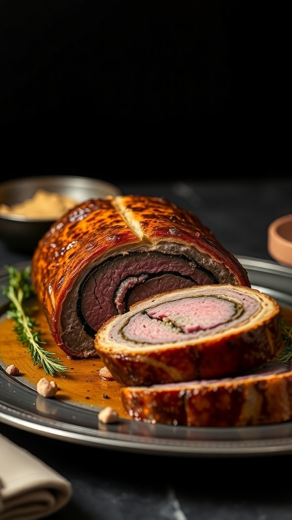 A beautifully cooked Beef Wellington, showcasing its golden crust and succulent layers of beef and mushroom.