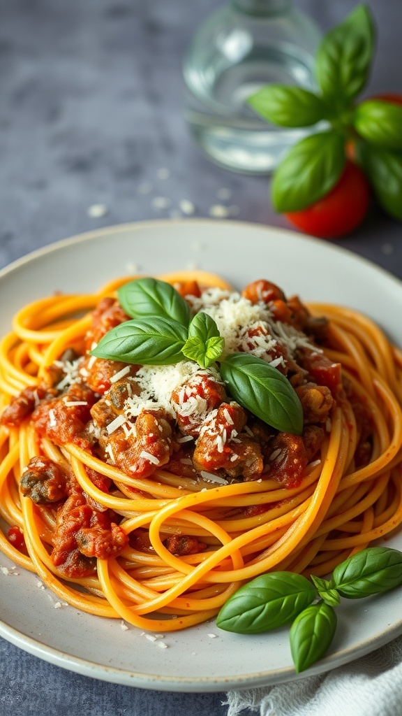 A plate of spaghetti topped with Bolognese sauce, garnished with basil and cheese.