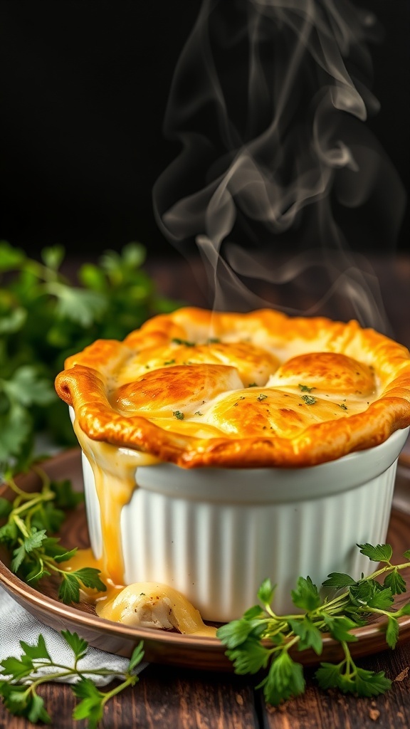 A steaming chicken pot pie in a white dish, surrounded by fresh parsley.