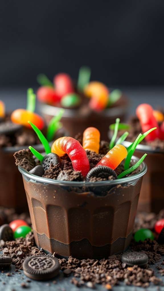Chocolate dirt cups with gummy worms and candy grass