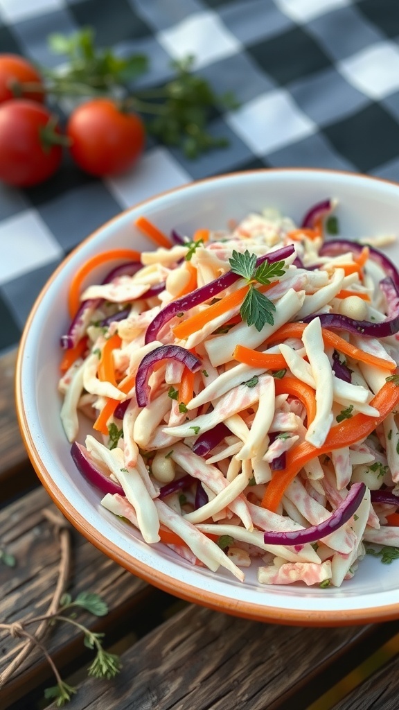 Bowl of colorful coleslaw with cabbage, carrots, and red onions on a checkered tablecloth