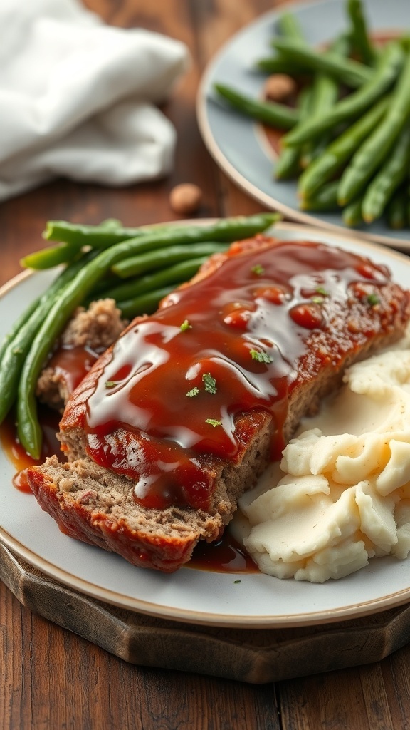 A plate of meatloaf with mashed potatoes and green beans, garnished with sauce.