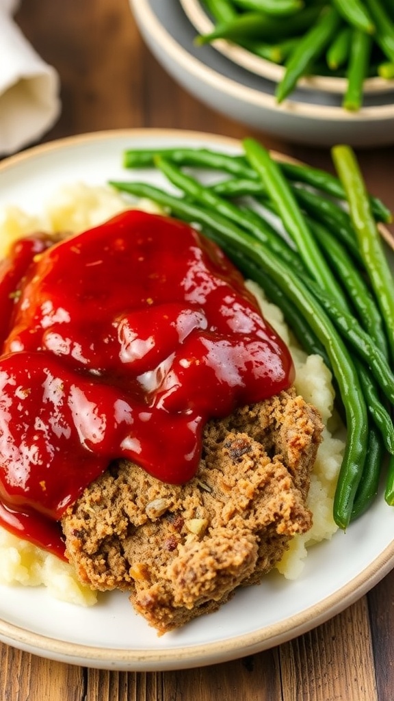 A slice of meatloaf topped with glaze, served with green beans and mashed potatoes.
