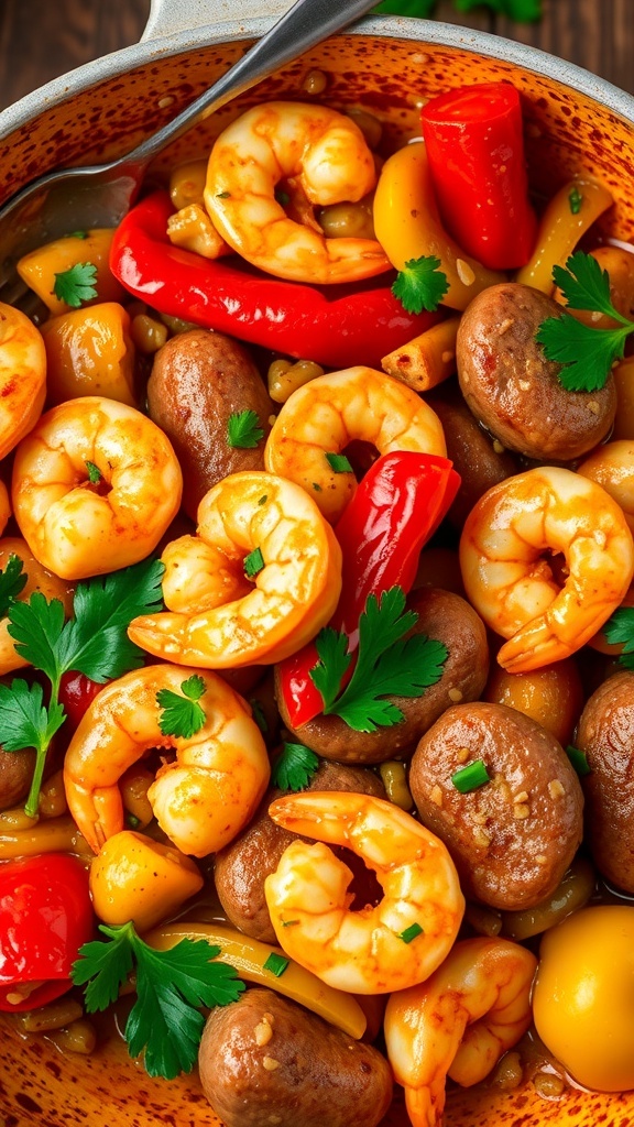 A pot of classic Creole jambalaya with shrimp, colorful peppers, and mushrooms