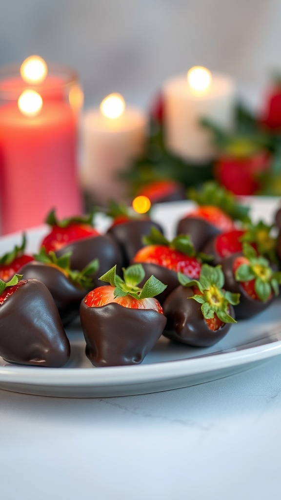 A plate of dark chocolate dipped strawberries with candles and roses in the background.