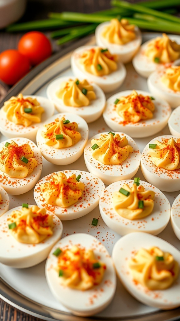 A platter of classic deviled eggs topped with paprika and chives.