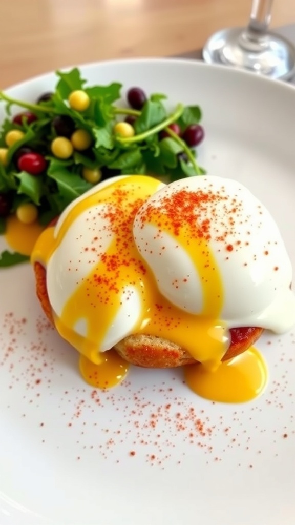 A plate of classic Eggs Benedict with hollandaise sauce, garnished with paprika.