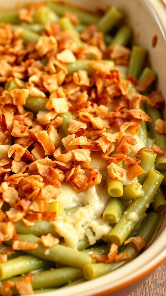 A delicious green bean casserole topped with crispy fried onions.