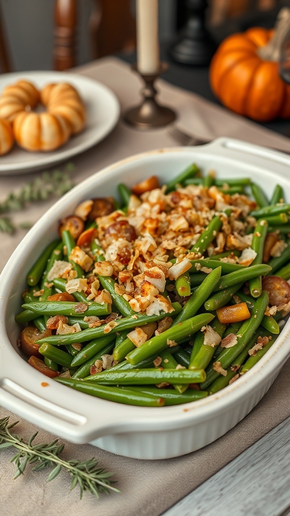 A delicious green bean casserole topped with crispy onions, served in a white dish on a festive table.