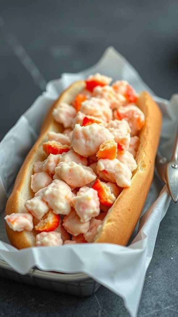 A classic lobster roll filled with chunks of lobster meat in a toasted bun