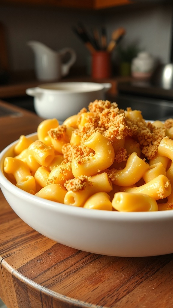A bowl of macaroni and cheese topped with breadcrumbs, set on a wooden table.