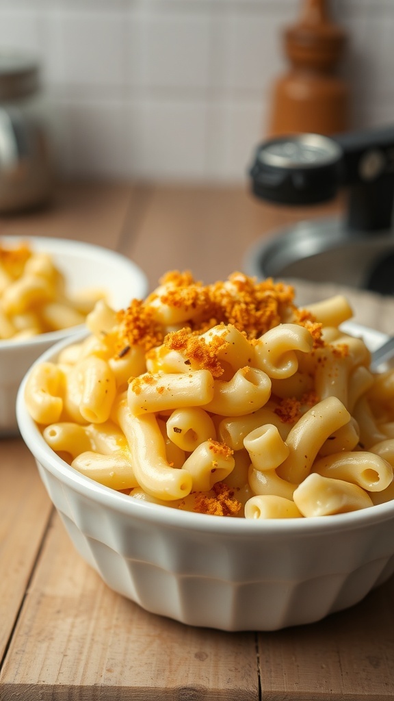 A bowl of macaroni and cheese topped with crunchy breadcrumbs, set on a wooden table.
