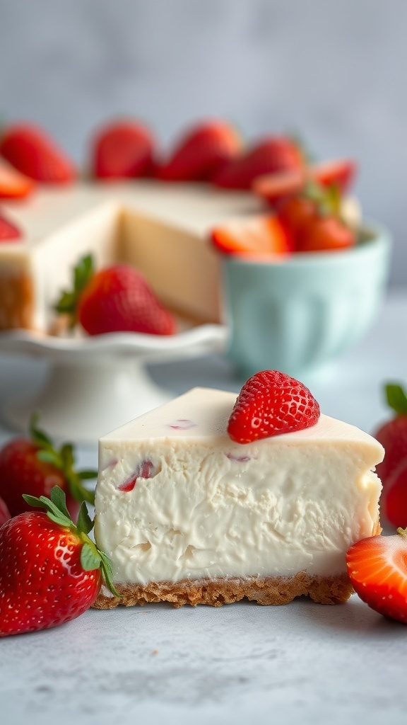 A slice of classic New York cheesecake with strawberries on top, showcasing a creamy texture and golden crust.