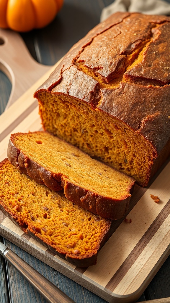 A freshly baked loaf of pumpkin bread sliced on a wooden board, with a small pumpkin in the background.