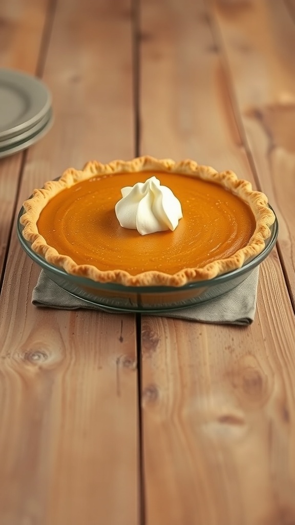 A classic pumpkin pie topped with whipped cream, sitting on a wooden table.