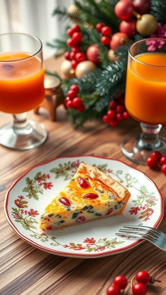 A slice of Classic Quiche Lorraine on a festive plate, surrounded by holiday decorations and orange juice.