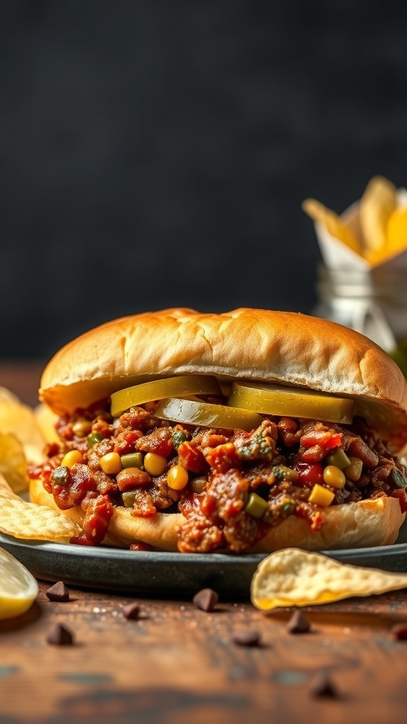 A delicious Sloppy Joe sandwich topped with pickles, served with chips.
