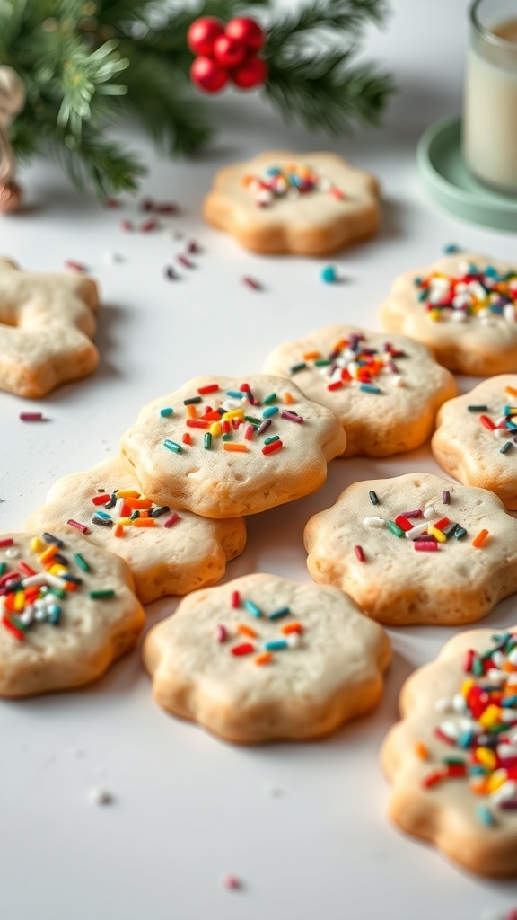A collection of classic sugar cookies decorated with colorful sprinkles, surrounded by festive decorations.