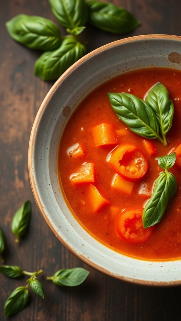 A bowl of classic tomato basil soup garnished with fresh basil leaves, surrounded by basil sprigs.