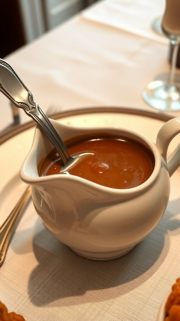 A white gravy boat filled with turkey gravy, ready for serving.