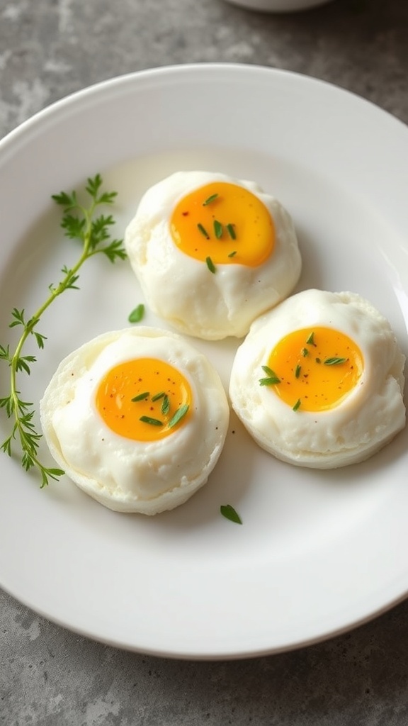 Three cloud eggs on a plate garnished with herbs