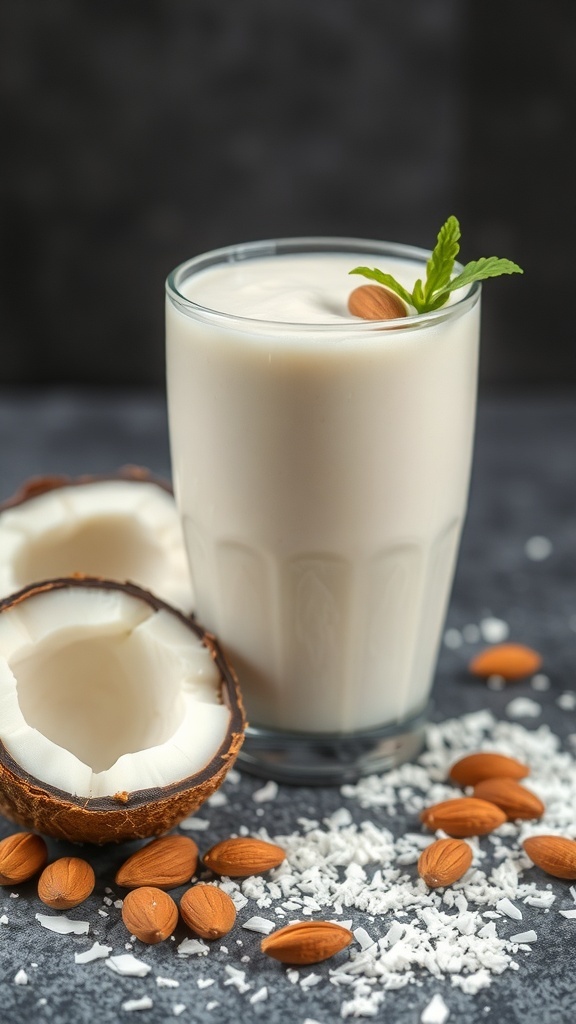 A refreshing Coconut Almond Smoothie in a glass, surrounded by coconut shells, shredded coconut, and almonds.