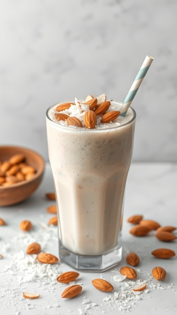 A refreshing Coconut Almond Smoothie topped with almonds and shredded coconut, served in a tall glass with a striped straw.