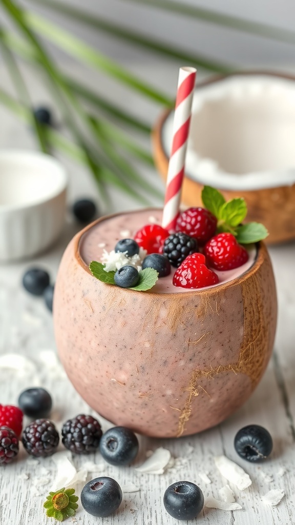 A coconut bowl filled with a berry smoothie topped with fresh berries and a straw.
