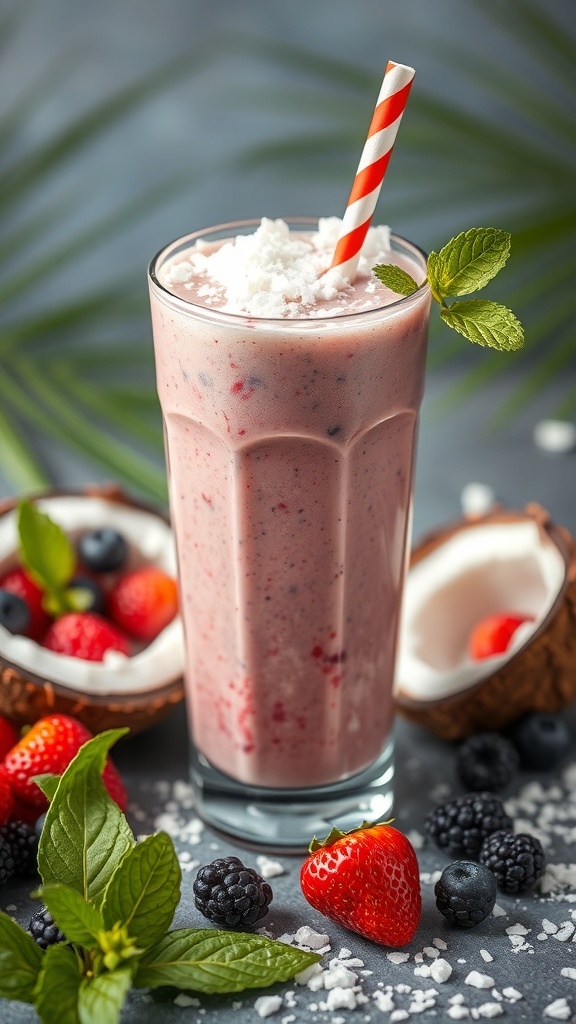 A refreshing Coconut Berry Medley smoothie in a tall glass, topped with coconut flakes and a mint leaf, surrounded by fresh berries.