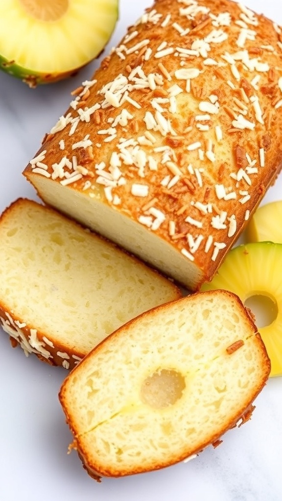 A loaf of coconut bread with slices of pineapple beside it.