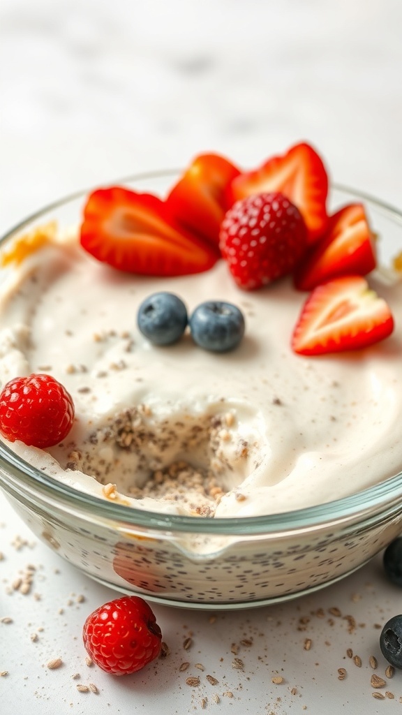A delicious coconut chia seed breakfast bake topped with fresh strawberries, blueberries, and raspberries.