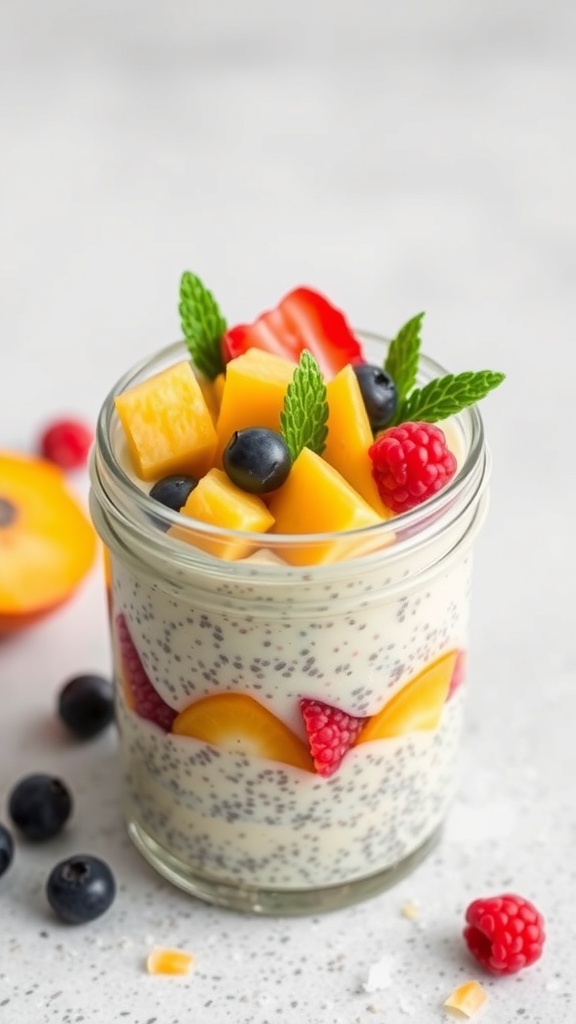 A jar of coconut chia seed pudding topped with mango and berries, with chia seeds scattered around.