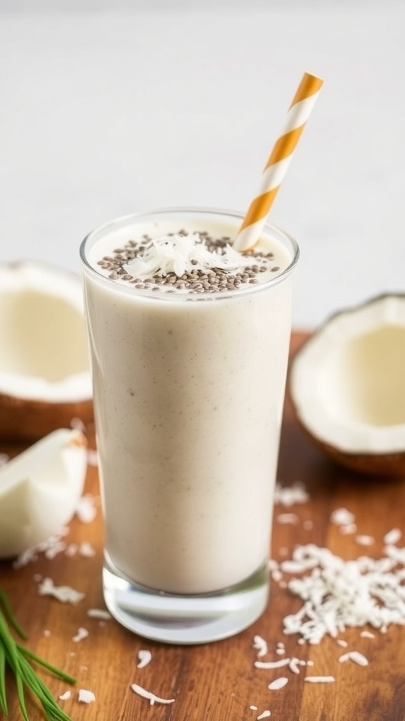 A tall glass of coconut smoothie topped with chia seeds and coconut flakes, set against a dark background.