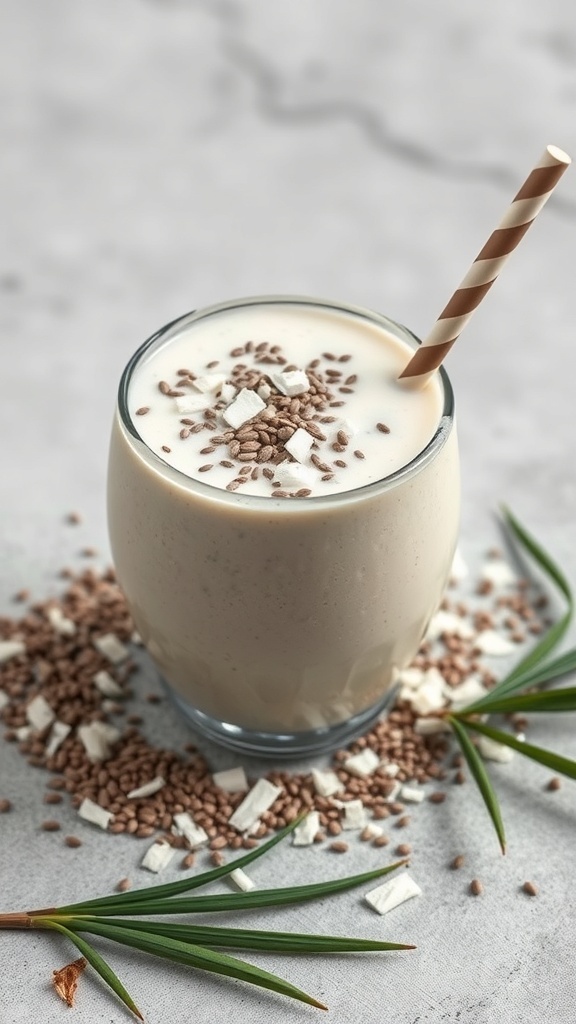 A creamy coconut chia seed smoothie topped with chia seeds and coconut flakes, served in a glass with a striped straw.