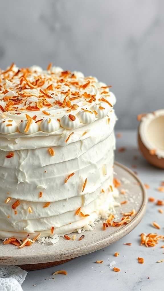 A beautifully layered coconut cream cake topped with toasted coconut flakes.