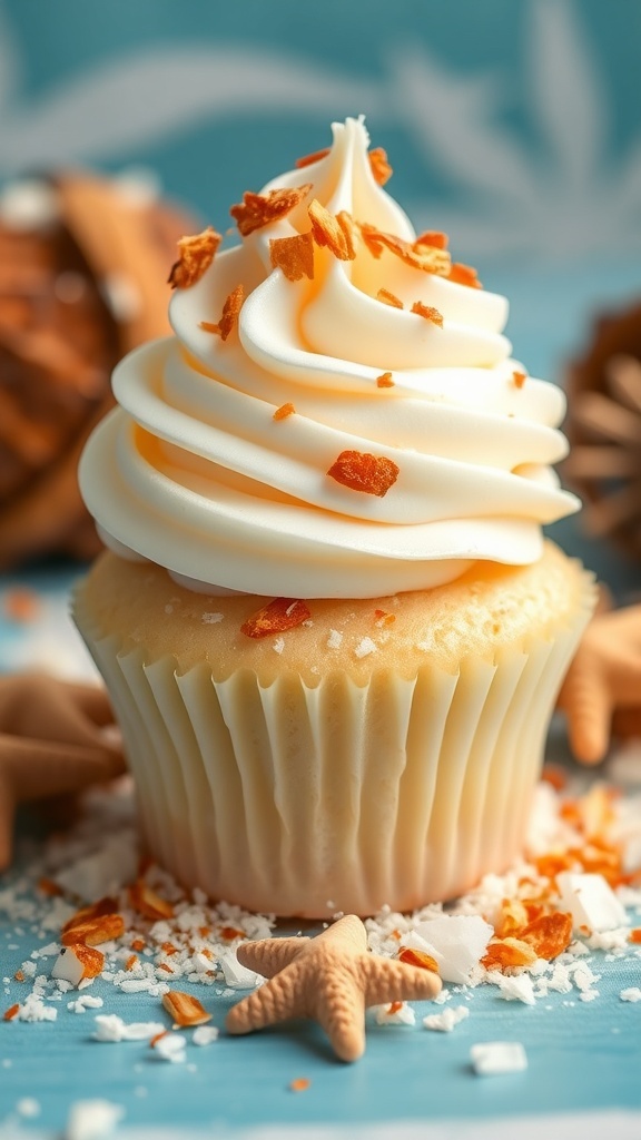 Coconut cream cupcake with swirled frosting and toasted coconut flakes