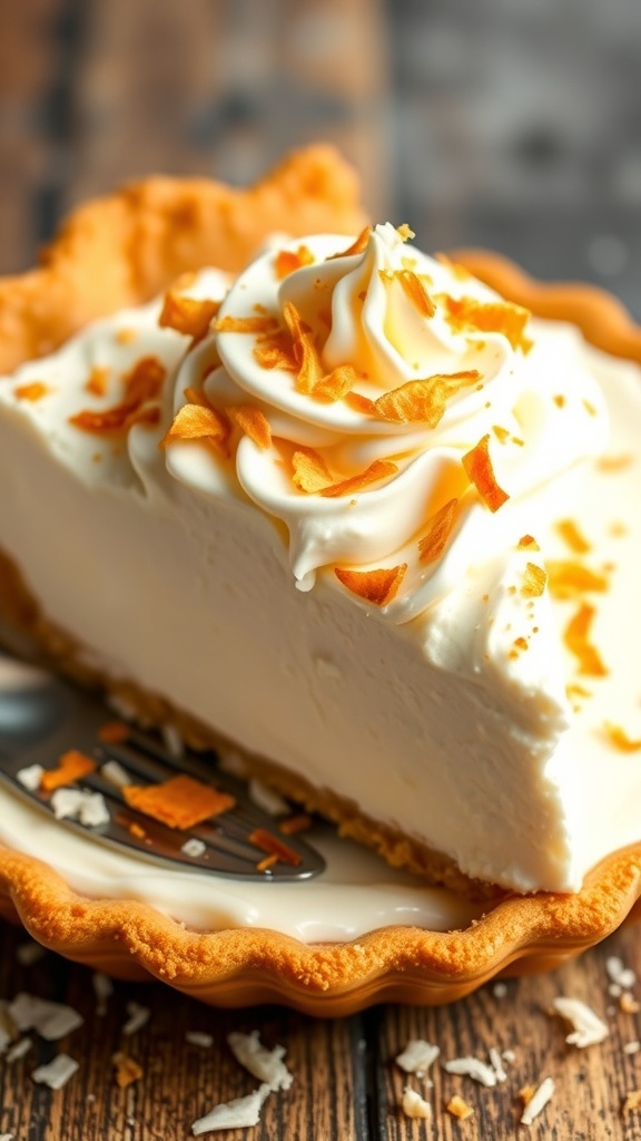 A delicious coconut cream pie topped with whipped cream and toasted coconut flakes.
